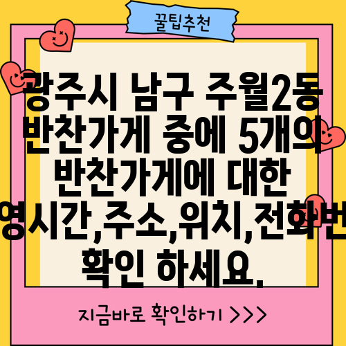 광주시 남구 주월2동 반찬가게 중에 5개의 반찬가게에 대한 운영시간,주소,위치,전화번호 확인 하세요.