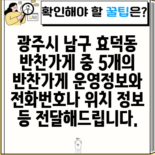 광주시 남구 효덕동 반찬가게 중 5개의 반찬가게 운영정보와 전화번호나 위치 정보 등 전달해드립니다.