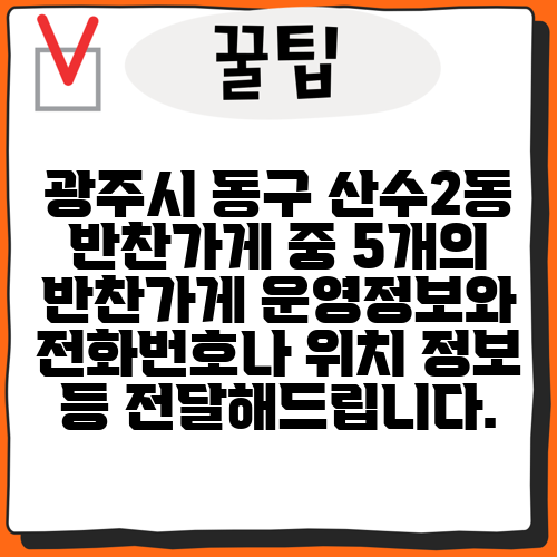 광주시 동구 산수2동 반찬가게 중 5개의 반찬가게 운영정보와 전화번호나 위치 정보 등 전달해드립니다.