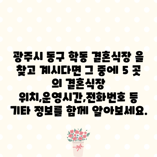 광주시 동구 학동 결혼식장 을 찾고 계시다면 그 중에 5 곳 의 결혼식장 위치,운영시간,전화번호 등 기타 정보를 함께 알아보세요.