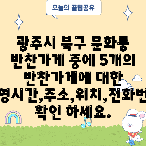 광주시 북구 문화동 반찬가게 중에 5개의 반찬가게에 대한 운영시간,주소,위치,전화번호 확인 하세요.