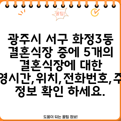 광주시 서구 화정3동 결혼식장 중에 5개의 결혼식장에 대한 운영시간,위치,전화번호,주소 정보 확인 하세요.