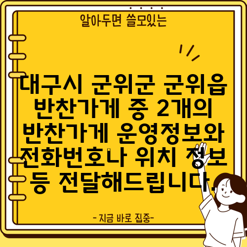 대구시 군위군 군위읍 반찬가게 중 2개의 반찬가게 운영정보와 전화번호나 위치 정보 등 전달해드립니다.