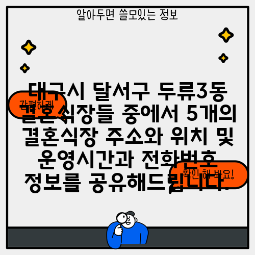 대구시 달서구 두류3동 결혼식장들 중에서 5개의 결혼식장 주소와 위치 및 운영시간과 전화번호 정보를 공유해드립니다.