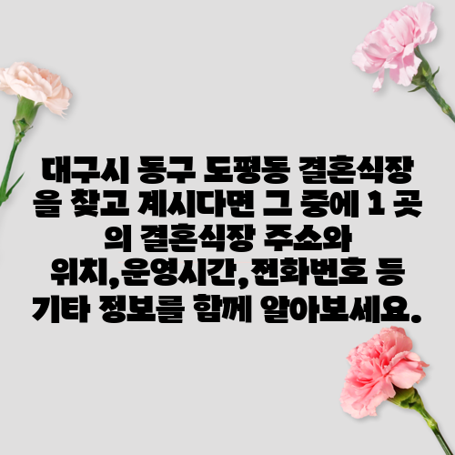 대구시 동구 도평동 결혼식장 을 찾고 계시다면 그 중에 1 곳 의 결혼식장 주소와 위치,운영시간,전화번호 등 기타 정보를 함께 알아보세요.