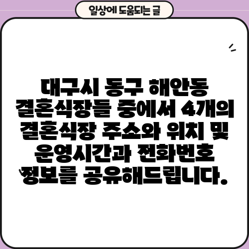 대구시 동구 해안동 결혼식장들 중에서 4개의 결혼식장 주소와 위치 및 운영시간과 전화번호 정보를 공유해드립니다.