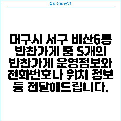 대구시 서구 비산6동 반찬가게 중 5개의 반찬가게 운영정보와 전화번호나 위치 정보 등 전달해드립니다.