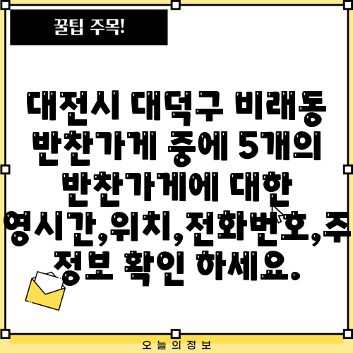 대전시 대덕구 비래동 반찬가게 중에 5개의 반찬가게에 대한 운영시간,위치,전화번호,주소 정보 확인 하세요.