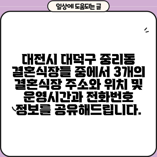 대전시 대덕구 중리동 결혼식장들 중에서 3개의 결혼식장 주소와 위치 및 운영시간과 전화번호 정보를 공유해드립니다.