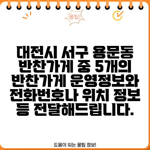 대전시 서구 용문동 반찬가게 중 5개의 반찬가게 운영정보와 전화번호나 위치 정보 등 전달해드립니다.