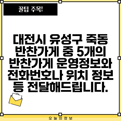 대전시 유성구 죽동 반찬가게 중 5개의 반찬가게 운영정보와 전화번호나 위치 정보 등 전달해드립니다.