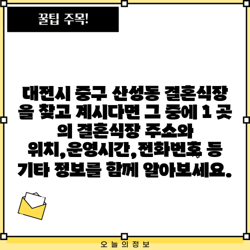 대전시 중구 산성동 결혼식장 을 찾고 계시다면 그 중에 1 곳 의 결혼식장 주소와 위치,운영시간,전화번호 등 기타 정보를 함께 알아보세요.