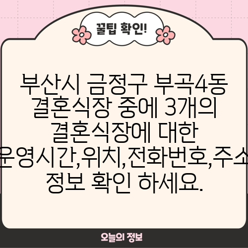 부산시 금정구 부곡4동 결혼식장 중에 3개의 결혼식장에 대한 운영시간,위치,전화번호,주소 정보 확인 하세요.