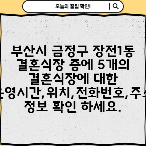 부산시 금정구 장전1동 결혼식장 중에 5개의 결혼식장에 대한 운영시간,위치,전화번호,주소 정보 확인 하세요.