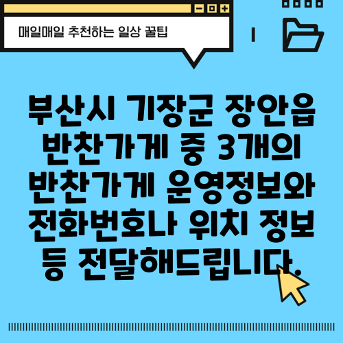 부산시 기장군 장안읍 반찬가게 중 3개의 반찬가게 운영정보와 전화번호나 위치 정보 등 전달해드립니다.