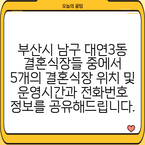 부산시 남구 대연3동 결혼식장들 중에서 5개의 결혼식장 위치 및 운영시간과 전화번호 정보를 공유해드립니다.