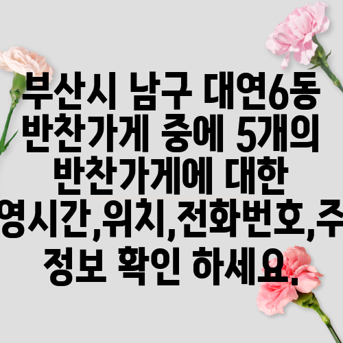 부산시 남구 대연6동 반찬가게 중에 5개의 반찬가게에 대한 운영시간,위치,전화번호,주소 정보 확인 하세요.
