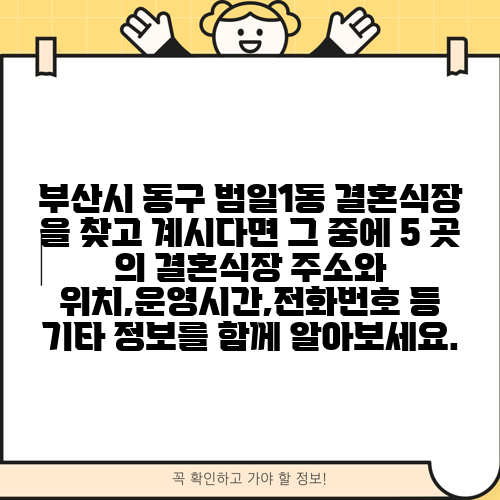 부산시 동구 범일1동 결혼식장 을 찾고 계시다면 그 중에 5 곳 의 결혼식장 주소와 위치,운영시간,전화번호 등 기타 정보를 함께 알아보세요.