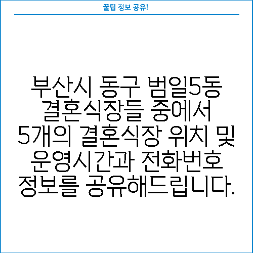 부산시 동구 범일5동 결혼식장들 중에서 5개의 결혼식장 위치 및 운영시간과 전화번호 정보를 공유해드립니다.