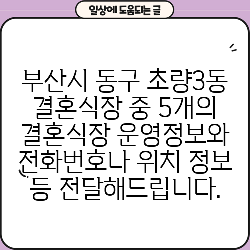 부산시 동구 초량3동 결혼식장 중 5개의 결혼식장 운영정보와 전화번호나 위치 정보 등 전달해드립니다.