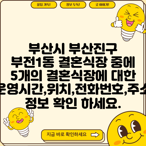 부산시 부산진구 부전1동 결혼식장 중에 5개의 결혼식장에 대한 운영시간,위치,전화번호,주소 정보 확인 하세요.