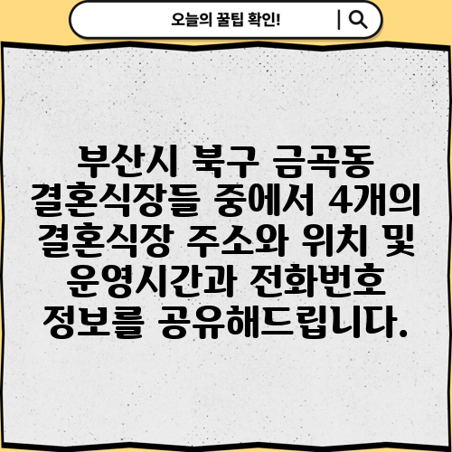 부산시 북구 금곡동 결혼식장들 중에서 4개의 결혼식장 주소와 위치 및 운영시간과 전화번호 정보를 공유해드립니다.