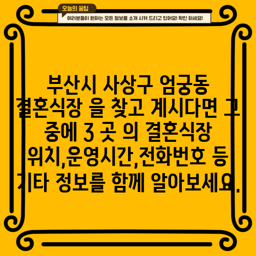 부산시 사상구 엄궁동 결혼식장 을 찾고 계시다면 그 중에 3 곳 의 결혼식장 위치,운영시간,전화번호 등 기타 정보를 함께 알아보세요.