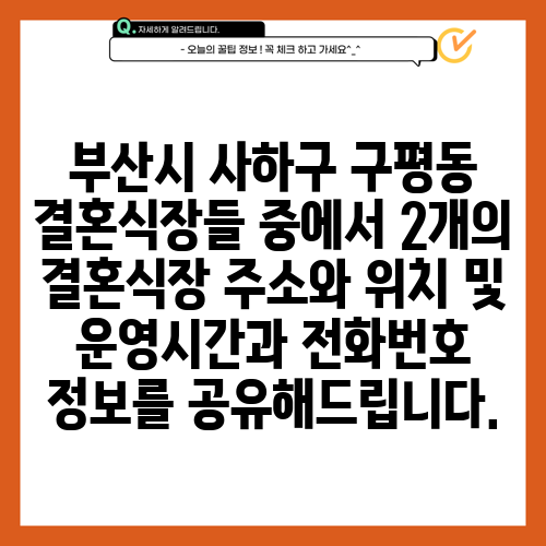 부산시 사하구 구평동 결혼식장들 중에서 2개의 결혼식장 주소와 위치 및 운영시간과 전화번호 정보를 공유해드립니다.