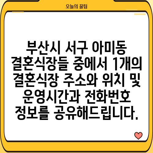 부산시 서구 아미동 결혼식장들 중에서 1개의 결혼식장 주소와 위치 및 운영시간과 전화번호 정보를 공유해드립니다.