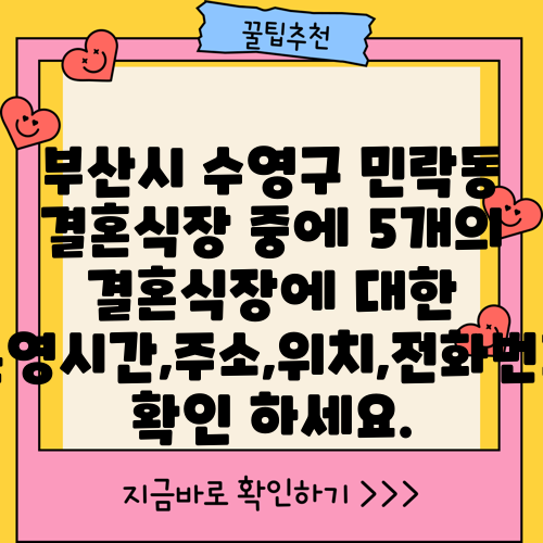 부산시 수영구 민락동 결혼식장 중에 5개의 결혼식장에 대한 운영시간,주소,위치,전화번호 확인 하세요.