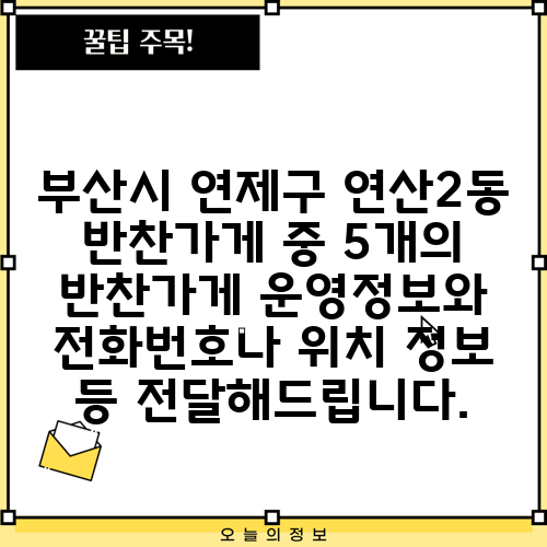 부산시 연제구 연산2동 반찬가게 중 5개의 반찬가게 운영정보와 전화번호나 위치 정보 등 전달해드립니다.