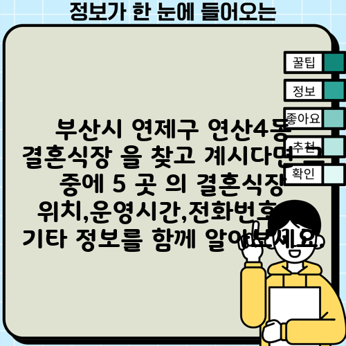 부산시 연제구 연산4동 결혼식장 을 찾고 계시다면 그 중에 5 곳 의 결혼식장 위치,운영시간,전화번호 등 기타 정보를 함께 알아보세요.