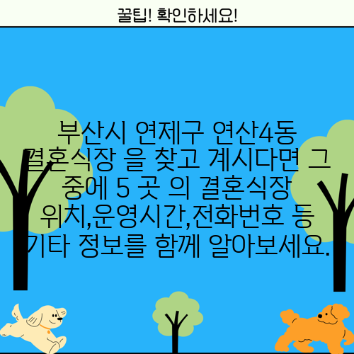 부산시 연제구 연산4동 결혼식장 을 찾고 계시다면 그 중에 5 곳 의 결혼식장 위치,운영시간,전화번호 등 기타 정보를 함께 알아보세요.