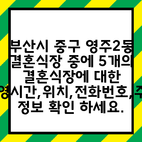 부산시 중구 영주2동 결혼식장 중에 5개의 결혼식장에 대한 운영시간,위치,전화번호,주소 정보 확인 하세요.