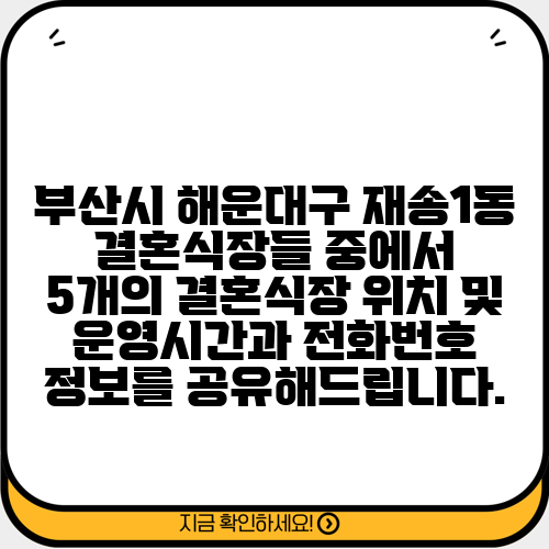 부산시 해운대구 재송1동 결혼식장들 중에서 5개의 결혼식장 위치 및 운영시간과 전화번호 정보를 공유해드립니다.