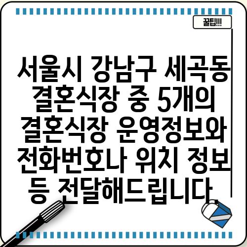 서울시 강남구 세곡동 결혼식장 중 5개의 결혼식장 운영정보와 전화번호나 위치 정보 등 전달해드립니다.