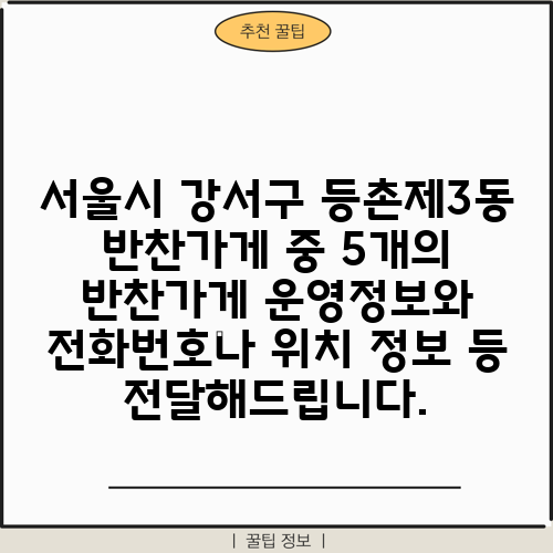 서울시 강서구 등촌제3동 반찬가게 중 5개의 반찬가게 운영정보와 전화번호나 위치 정보 등 전달해드립니다.