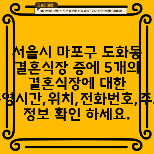 서울시 마포구 도화동 결혼식장 중에 5개의 결혼식장에 대한 운영시간,위치,전화번호,주소 정보 확인 하세요.