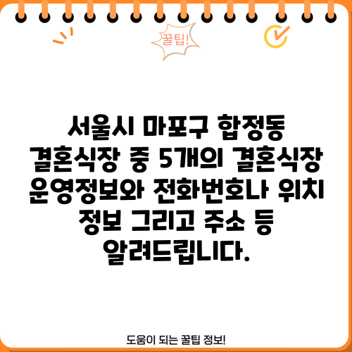서울시 마포구 합정동 결혼식장 중 5개의 결혼식장 운영정보와 전화번호나 위치 정보 그리고 주소 등 알려드립니다.