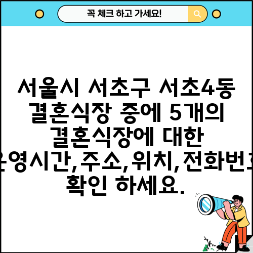 서울시 서초구 서초4동 결혼식장 중에 5개의 결혼식장에 대한 운영시간,주소,위치,전화번호 확인 하세요.