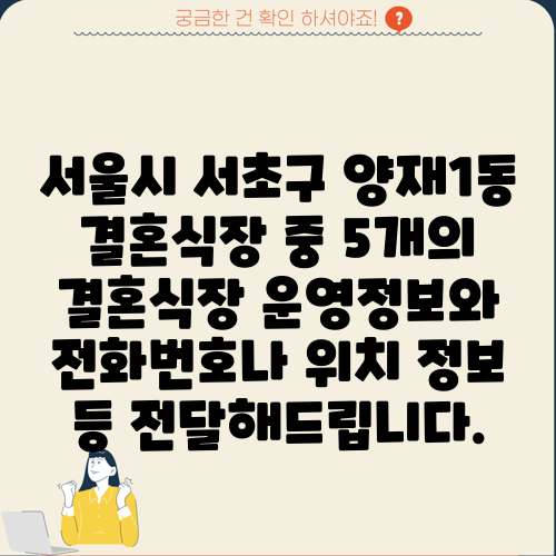 서울시 서초구 양재1동 결혼식장 중 5개의 결혼식장 운영정보와 전화번호나 위치 정보 등 전달해드립니다.