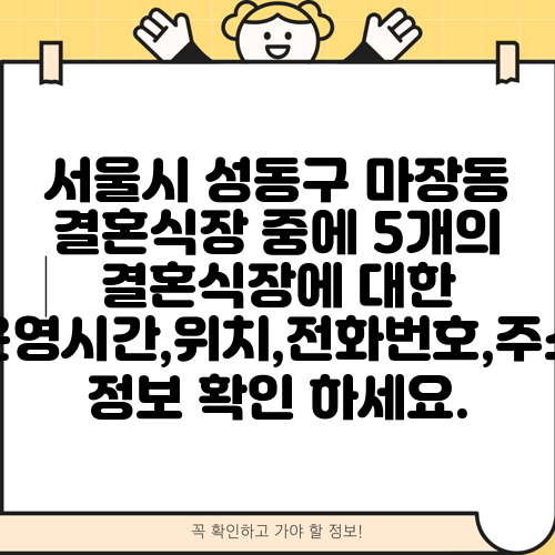 서울시 성동구 마장동 결혼식장 중에 5개의 결혼식장에 대한 운영시간,위치,전화번호,주소 정보 확인 하세요.