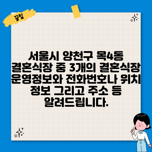 서울시 양천구 목4동 결혼식장 중 3개의 결혼식장 운영정보와 전화번호나 위치 정보 그리고 주소 등 알려드립니다.