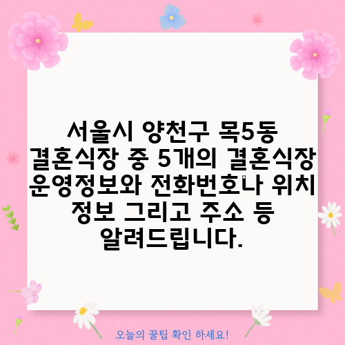 서울시 양천구 목5동 결혼식장 중 5개의 결혼식장 운영정보와 전화번호나 위치 정보 그리고 주소 등 알려드립니다.