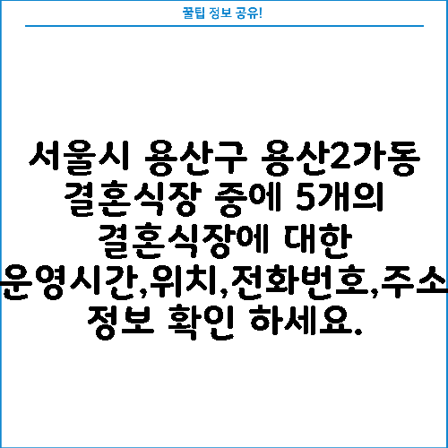 서울시 용산구 용산2가동 결혼식장 중에 5개의 결혼식장에 대한 운영시간,위치,전화번호,주소 정보 확인 하세요.