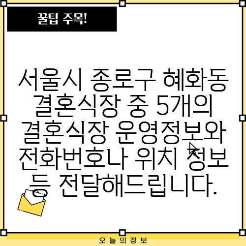 서울시 종로구 혜화동 결혼식장 중 5개의 결혼식장 운영정보와 전화번호나 위치 정보 등 전달해드립니다.