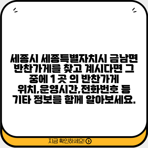 세종시 세종특별자치시 금남면 반찬가게를 찾고 계시다면 그 중에 1 곳 의 반찬가게 위치,운영시간,전화번호 등 기타 정보를 함께 알아보세요.