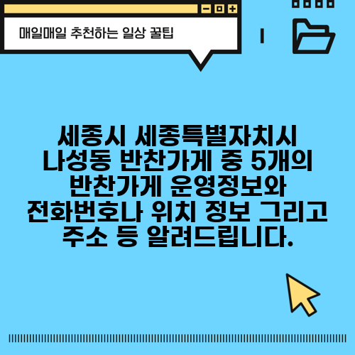 세종시 세종특별자치시 나성동 반찬가게 중 5개의 반찬가게 운영정보와 전화번호나 위치 정보 그리고 주소 등 알려드립니다.