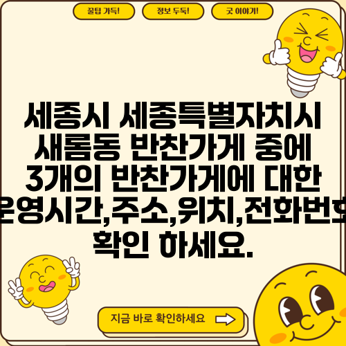 세종시 세종특별자치시 새롬동 반찬가게 중에 3개의 반찬가게에 대한 운영시간,주소,위치,전화번호 확인 하세요.