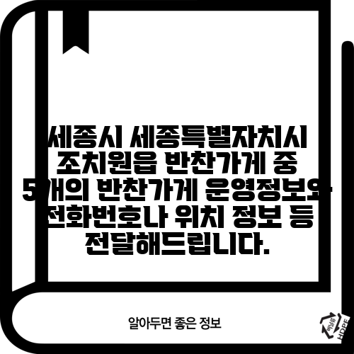 세종시 세종특별자치시 조치원읍 반찬가게 중 5개의 반찬가게 운영정보와 전화번호나 위치 정보 등 전달해드립니다.